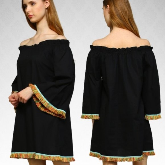Boho Off Shoulder Fringe Trimmed Gypsy Dress NEW - Picture 1 of 5